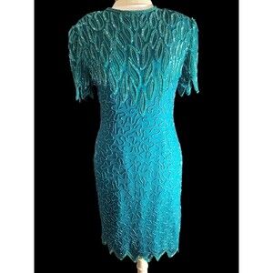 Vtg LAURENCE KAZAR NEW YORK Silk Beaded Sequin Sheath Dress Petite Small Formal